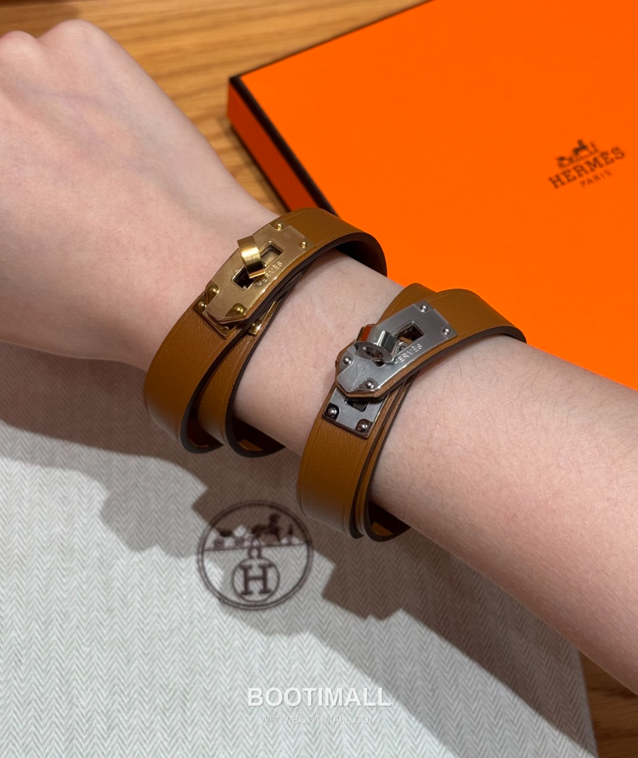 Hermès 에르메스 미니 켈리 더블랩 브레이슬릿 Swift 카프스킨 브라운 실버 하드웨어 팔 3