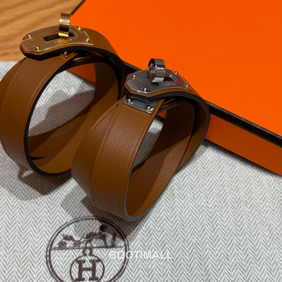 Hermès 에르메스 미니 켈리 더블랩 브레이슬릿 Swift 카프스킨 브라운 실버 하드웨어 팔 4