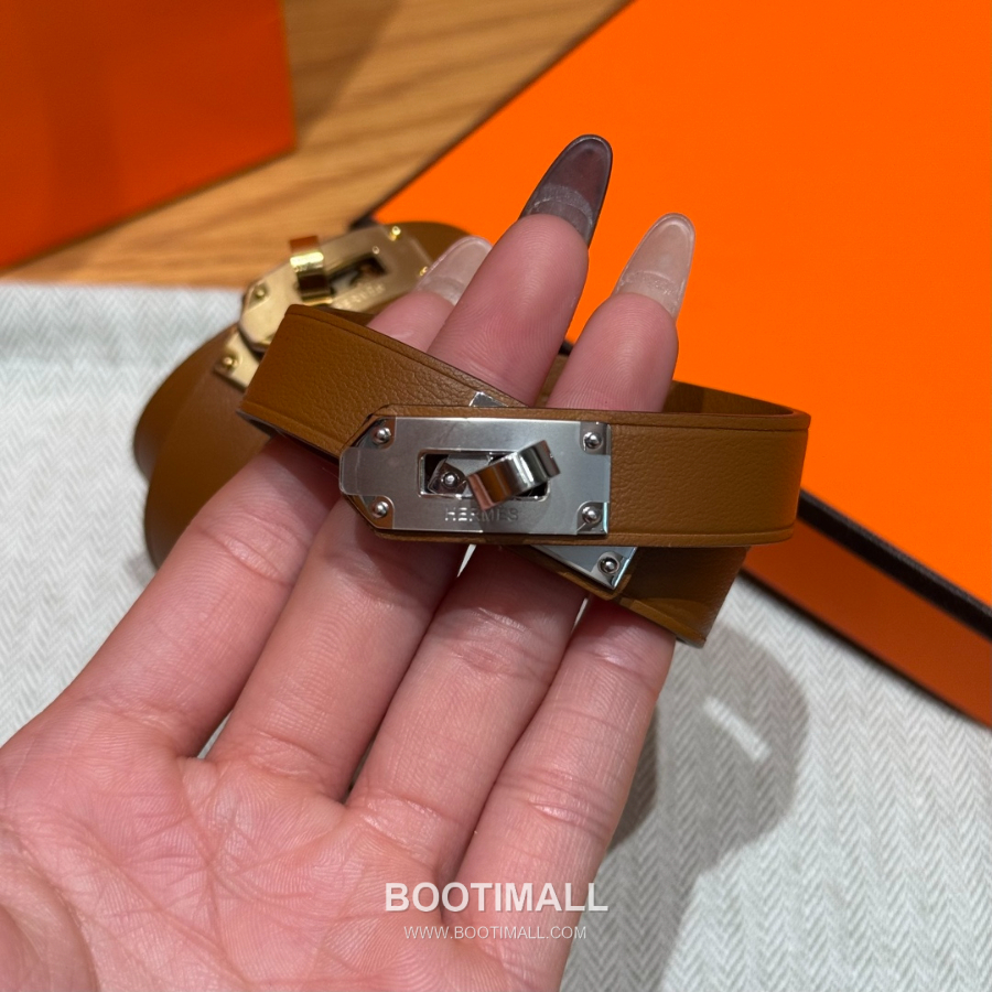 Hermès 에르메스 미니 켈리 더블랩 브레이슬릿 Swift 카프스킨 브라운 실버 하드웨어 팔 5