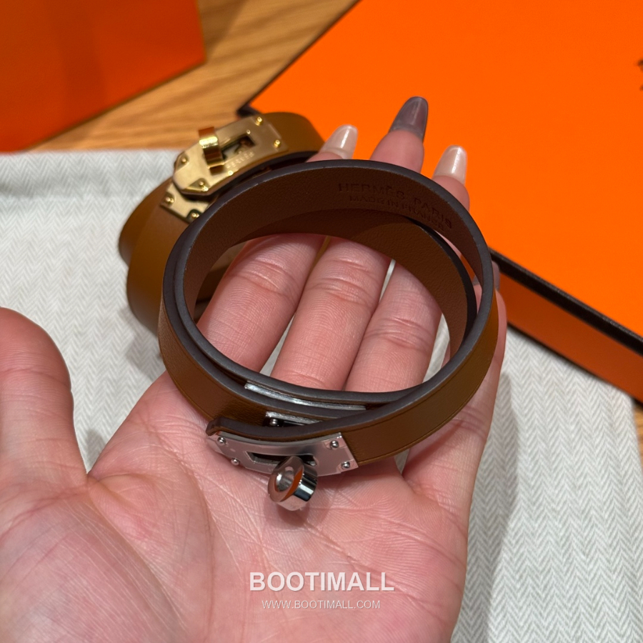 Hermès 에르메스 미니 켈리 더블랩 브레이슬릿 Swift 카프스킨 브라운 실버 하드웨어 팔 6