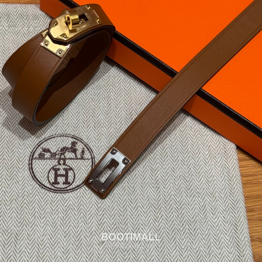 Hermès 에르메스 미니 켈리 더블랩 브레이슬릿 Swift 카프스킨 브라운 실버 하드웨어 팔 7