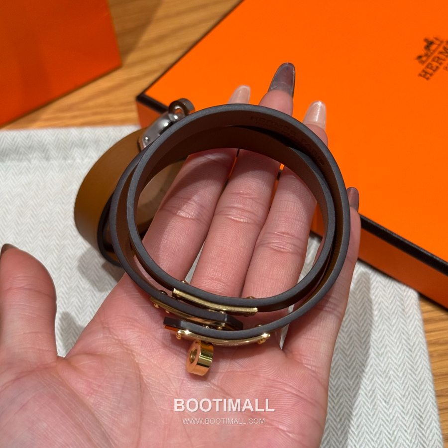 Hermès 에르메스 미니 켈리 더블랩 브레이슬릿 Swift 카프스킨 브라운 실버 하드웨어 팔 11