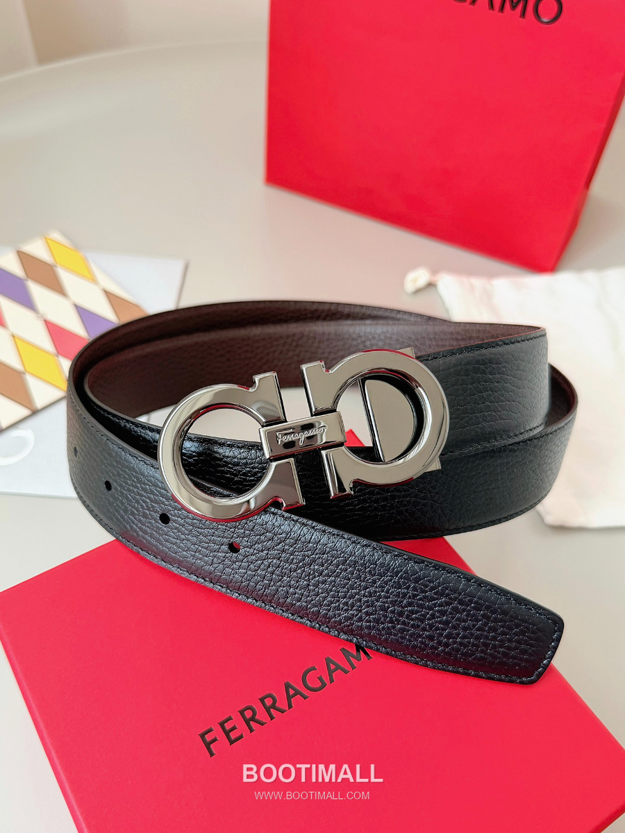 Salvatore Ferragamo Double Gancini Reversible Embossed Calfskin Belt 살바토레 페라가모 더블 간치니 리버서블 엠보 카프스킨 벨트 스모그블랙 3.5cm 1