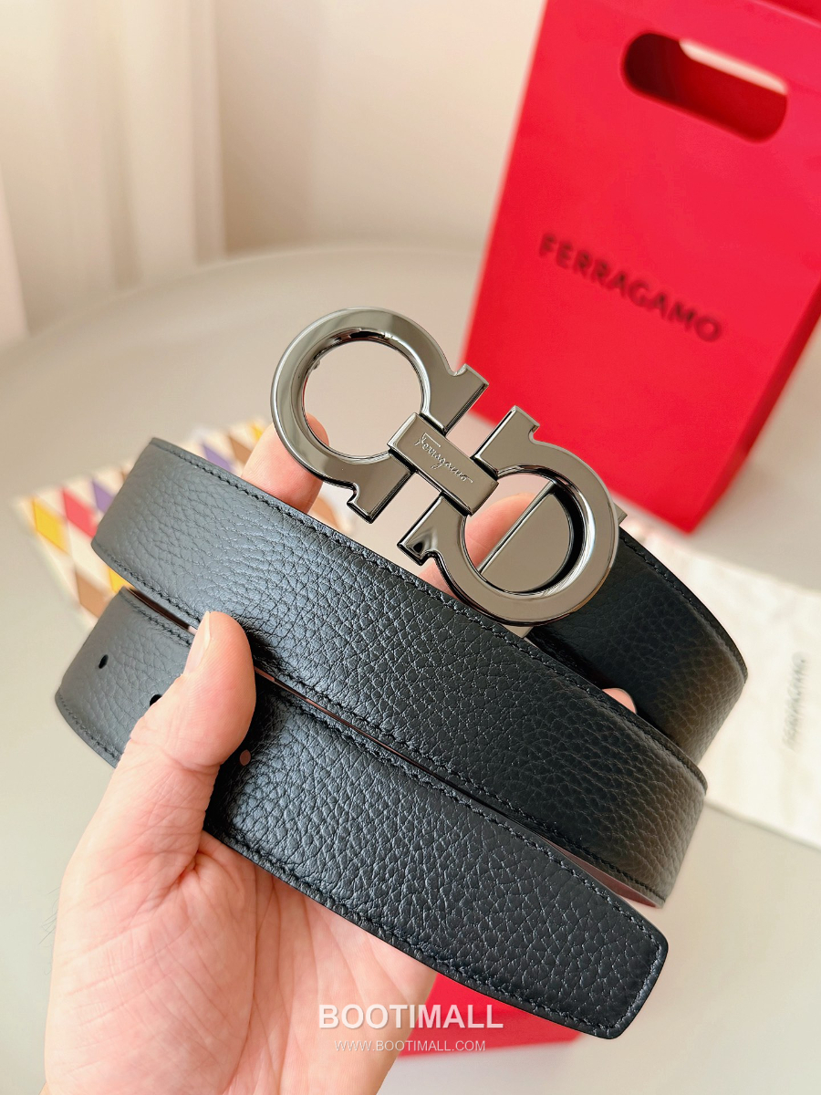 Salvatore Ferragamo Double Gancini Reversible Embossed Calfskin Belt 살바토레 페라가모 더블 간치니 리버서블 엠보 카프스킨 벨트 스모그블랙 3.5cm 3