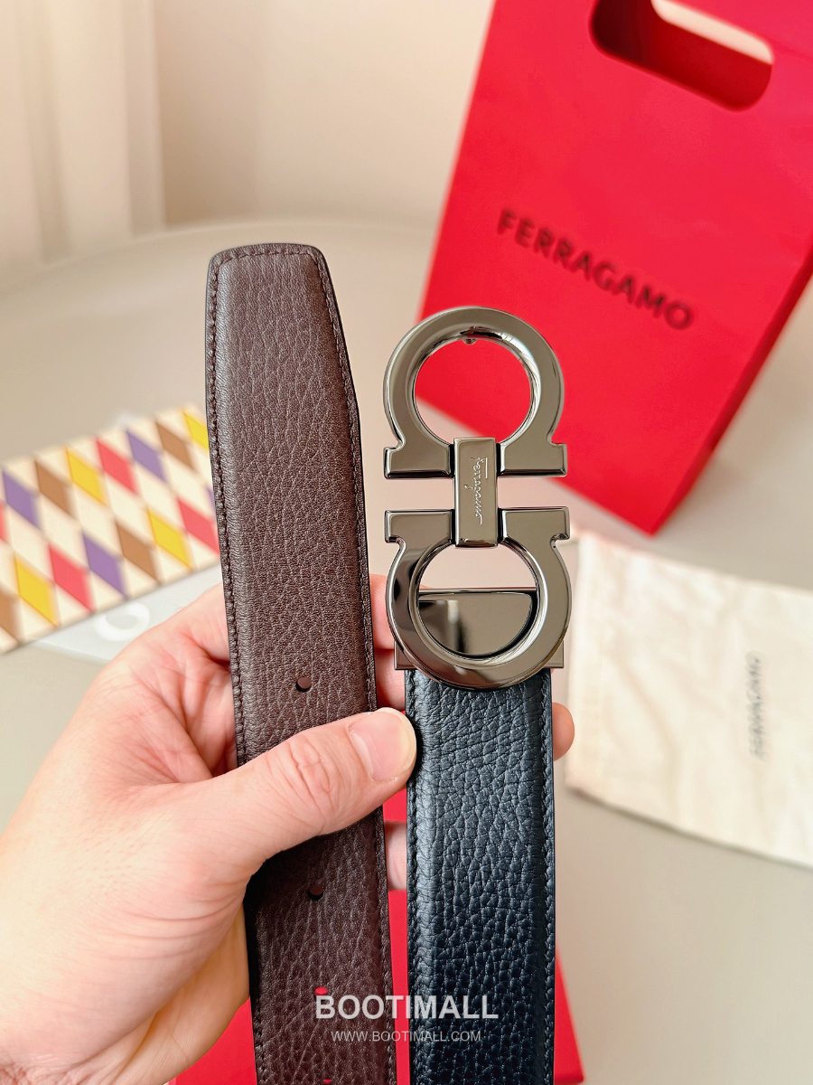 Salvatore Ferragamo Double Gancini Reversible Embossed Calfskin Belt 살바토레 페라가모 더블 간치니 리버서블 엠보 카프스킨 벨트 스모그블랙 3.5cm 9
