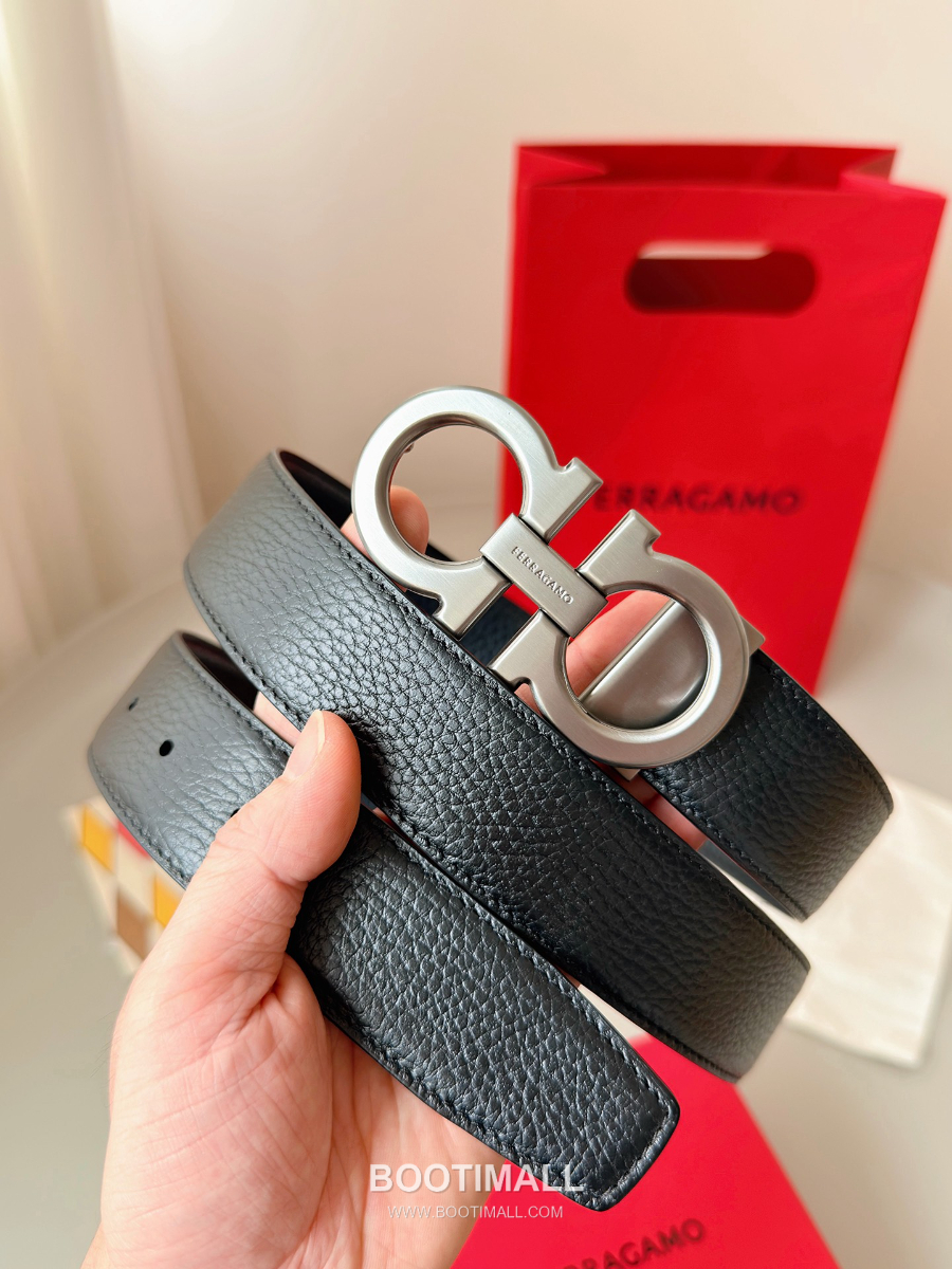 Salvatore Ferragamo Double Gancini Reversible Embossed Calfskin Belt 살바토레 페라가모 더블 간치니 리버서블 엠보 카프스킨 벨트 실버 3.5cm 1