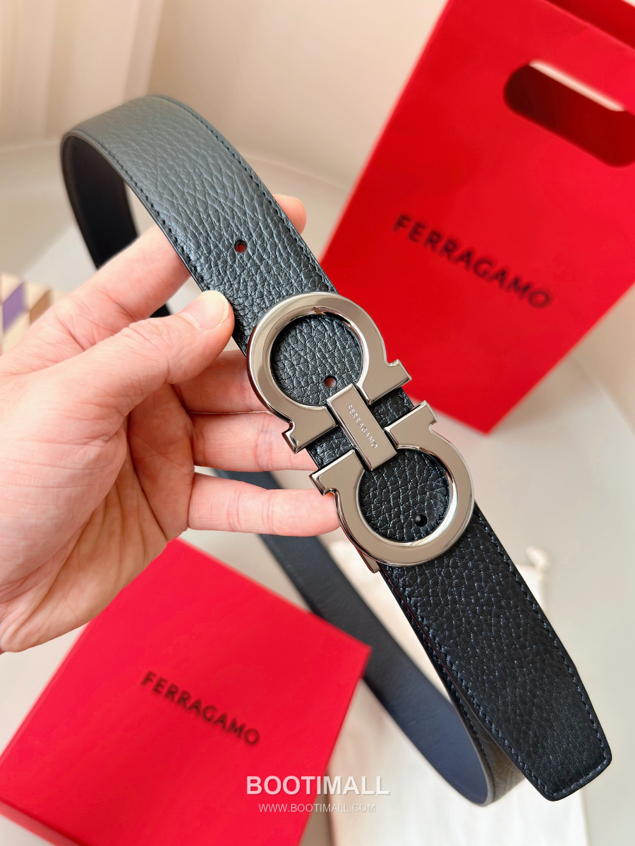Salvatore Ferragamo Double Gancini Reversible Embossed Calfskin Belt 살바토레 페라가모 더블 간치니 리버서블 엠보 카프스킨 벨트 실버유광 3.5cm 1