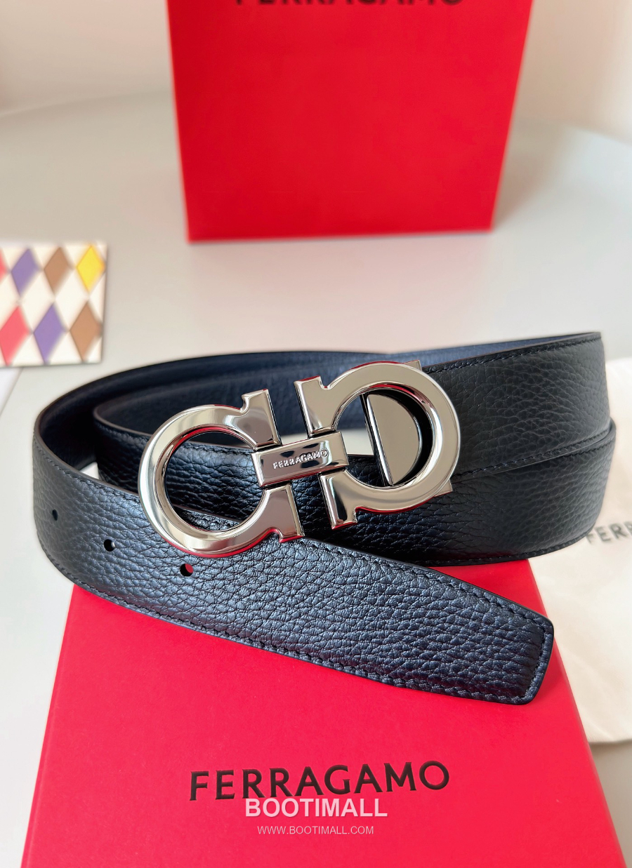 Salvatore Ferragamo Double Gancini Reversible Embossed Calfskin Belt 살바토레 페라가모 더블 간치니 리버서블 엠보 카프스킨 벨트 실버유광 3.5cm 5