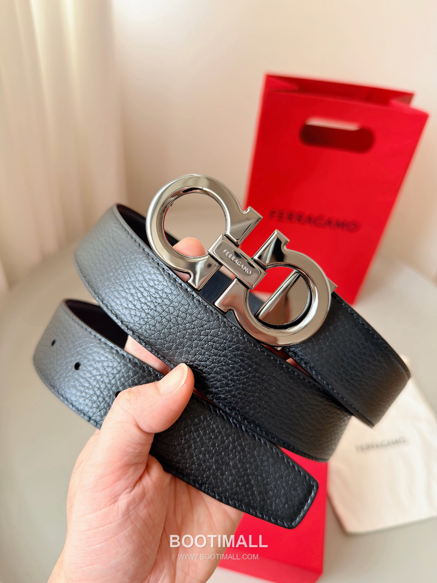 Salvatore Ferragamo Double Gancini Reversible Embossed Calfskin Belt 살바토레 페라가모 더블 간치니 리버서블 엠보 카프스킨 벨트 실버유광 3.5cm 6