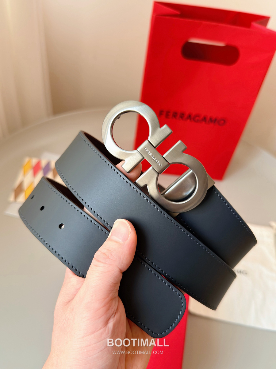Salvatore Ferragamo Double Gancini Reversible Embossed Calfskin Belt 살바토레 페라가모 더블 간치니 리버서블 엠보 카프스킨 벨트 실버무광 3.5cm 1