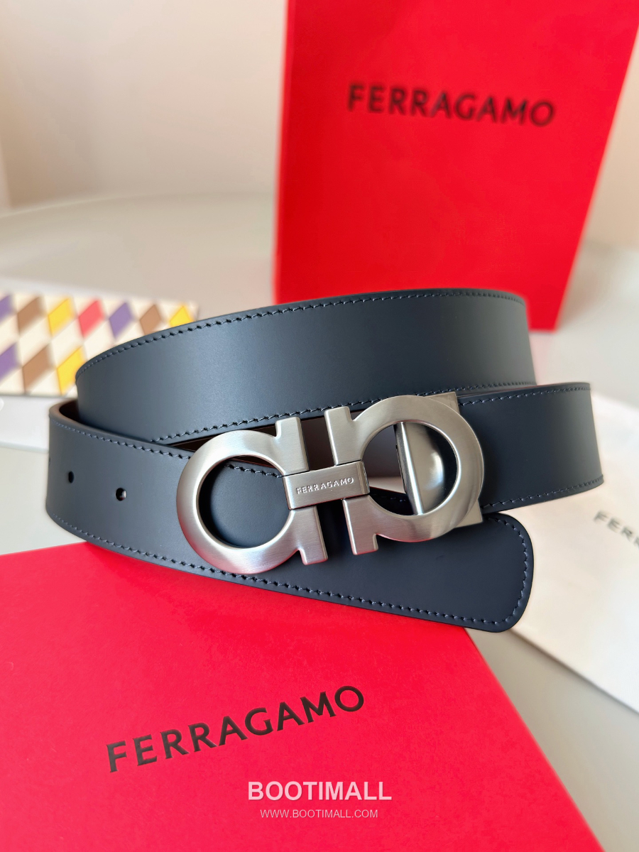 Salvatore Ferragamo Double Gancini Reversible Embossed Calfskin Belt 살바토레 페라가모 더블 간치니 리버서블 엠보 카프스킨 벨트 실버무광 3.5cm 5