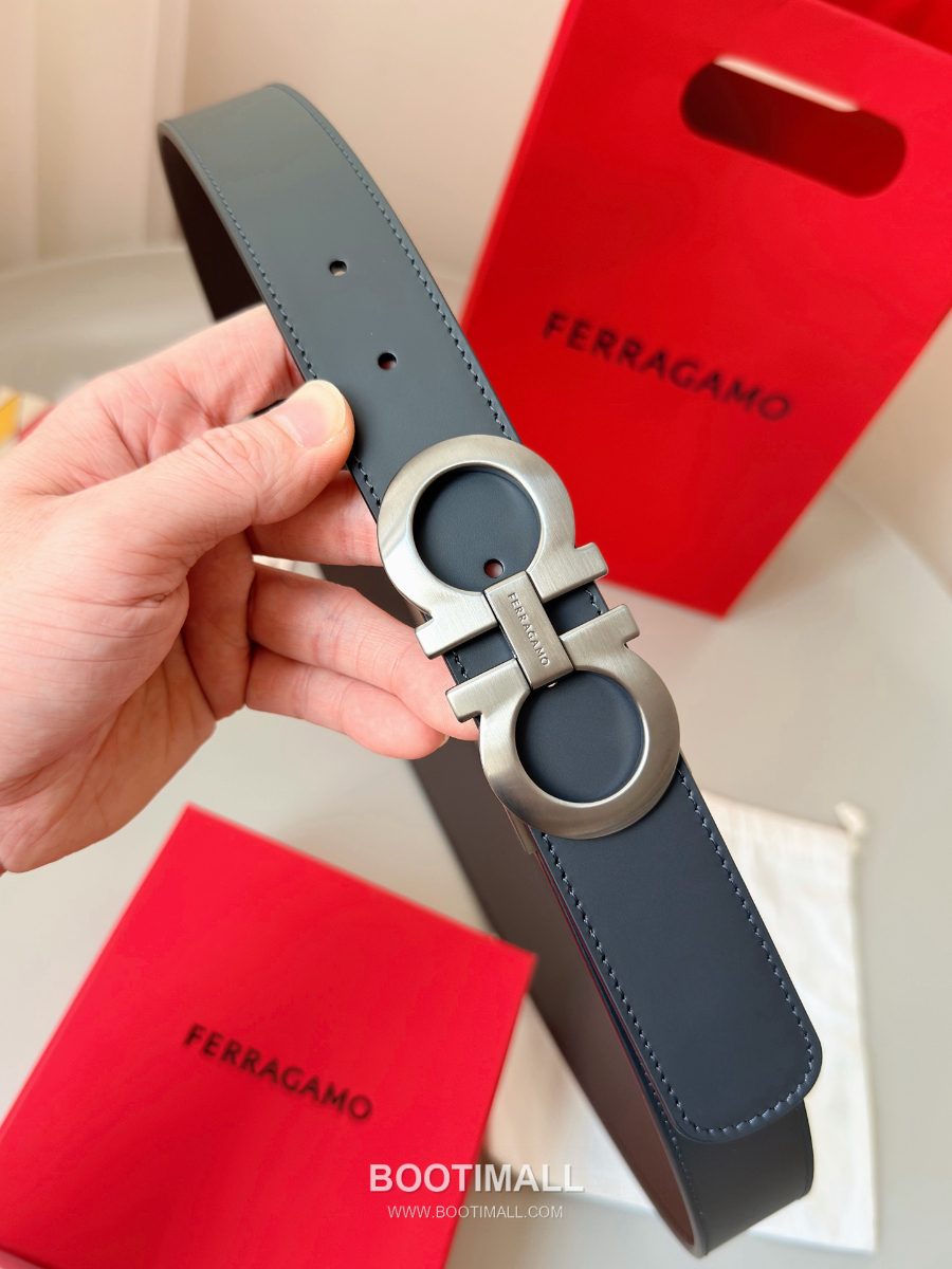 Salvatore Ferragamo Double Gancini Reversible Embossed Calfskin Belt 살바토레 페라가모 더블 간치니 리버서블 엠보 카프스킨 벨트 실버무광 3.5cm 6