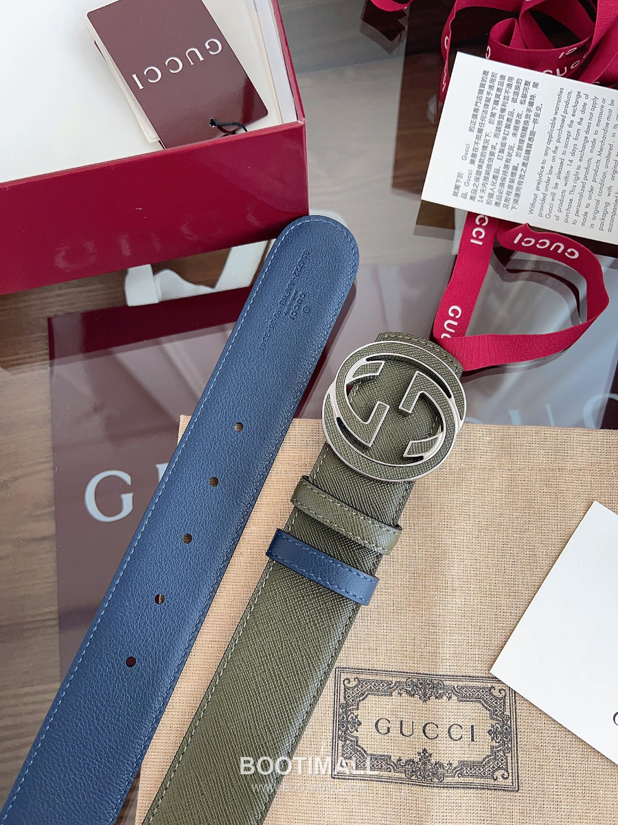 GUCCI Interlocking G Reversible 구찌 인터로킹 G 리버서블 레더 벨트 카키/블루 4cm 1