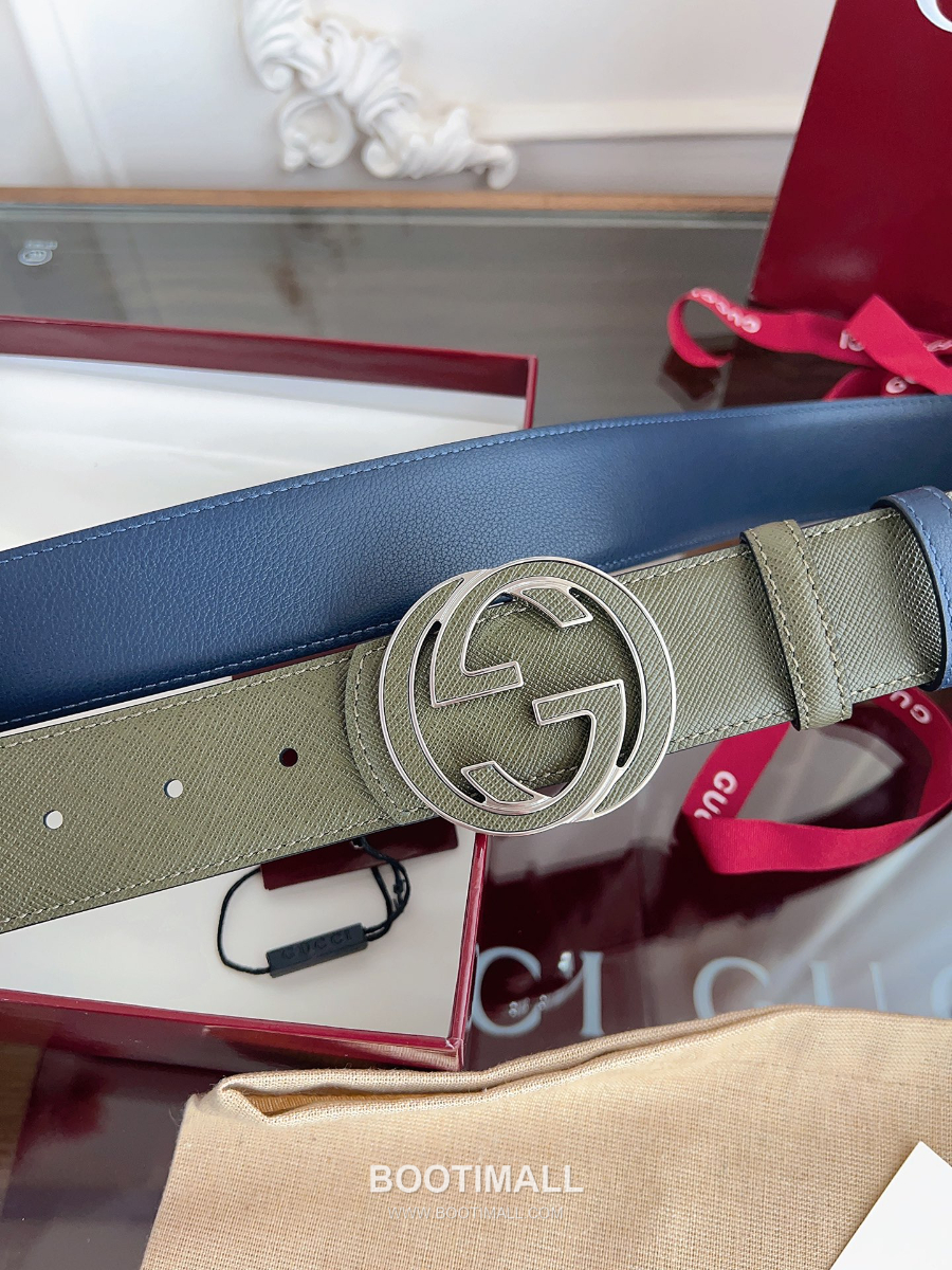 GUCCI Interlocking G Reversible 구찌 인터로킹 G 리버서블 레더 벨트 카키/블루 4cm 2