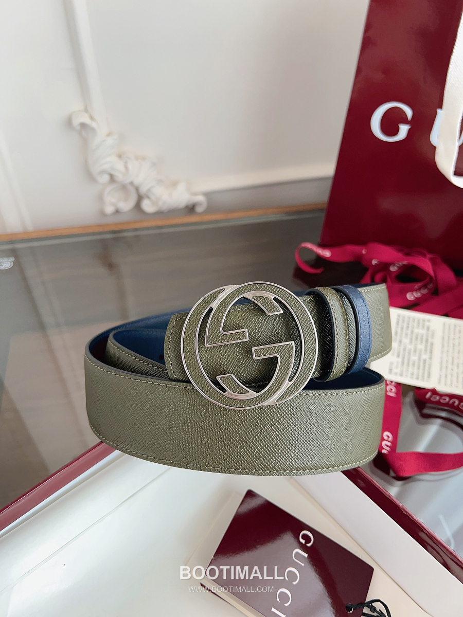 GUCCI Interlocking G Reversible 구찌 인터로킹 G 리버서블 레더 벨트 카키/블루 4cm 3