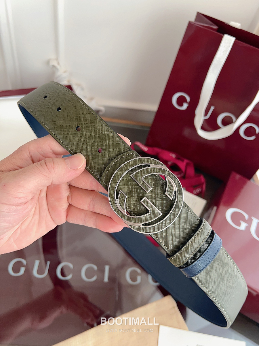 GUCCI Interlocking G Reversible 구찌 인터로킹 G 리버서블 레더 벨트 카키/블루 4cm 4