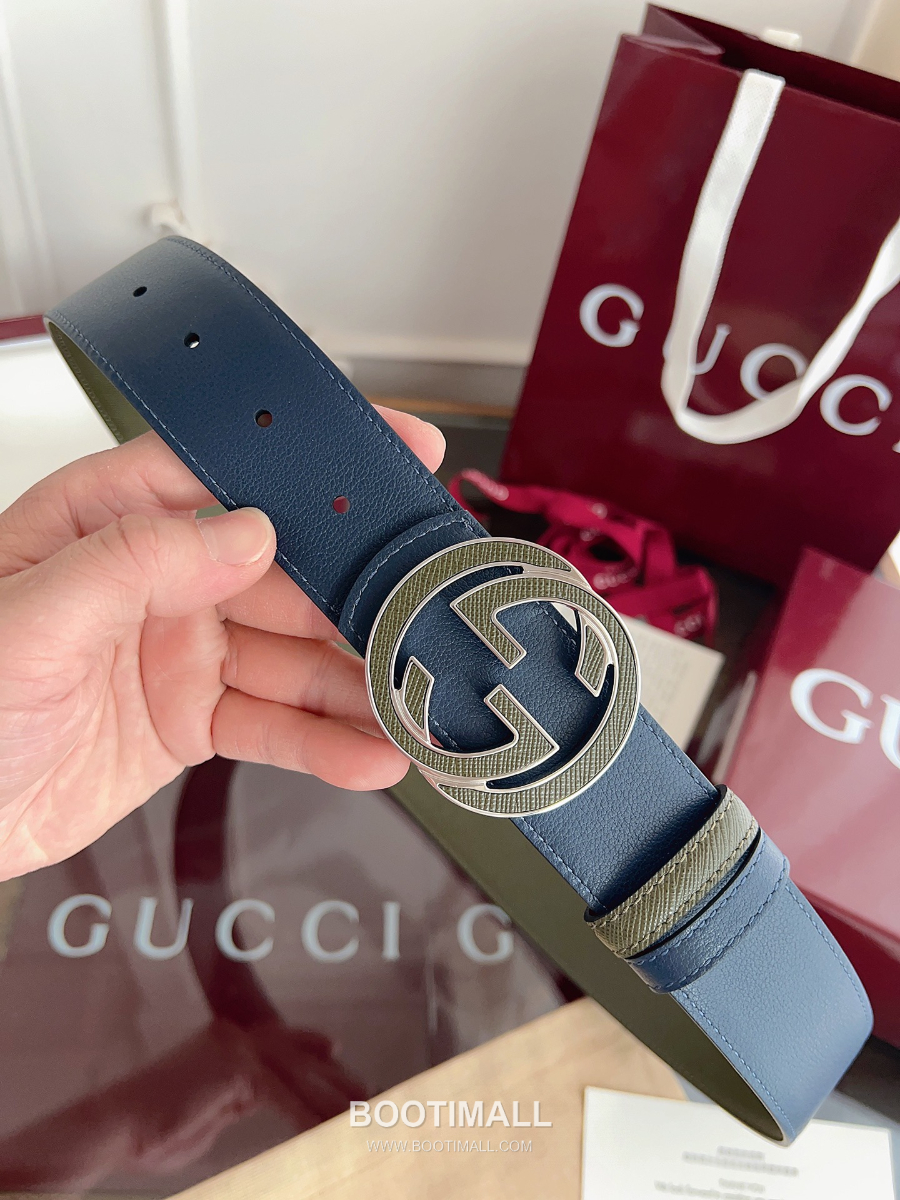 GUCCI Interlocking G Reversible 구찌 인터로킹 G 리버서블 레더 벨트 카키/블루 4cm 5