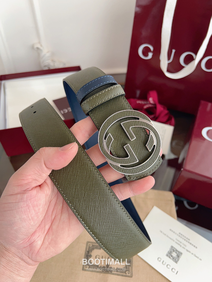 GUCCI Interlocking G Reversible 구찌 인터로킹 G 리버서블 레더 벨트 카키/블루 4cm 8