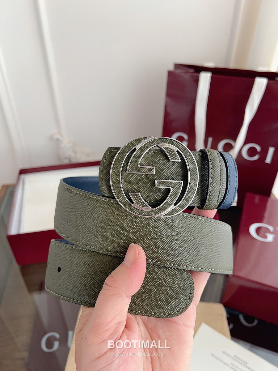 GUCCI Interlocking G Reversible 구찌 인터로킹 G 리버서블 레더 벨트 카키/블루 4cm 9