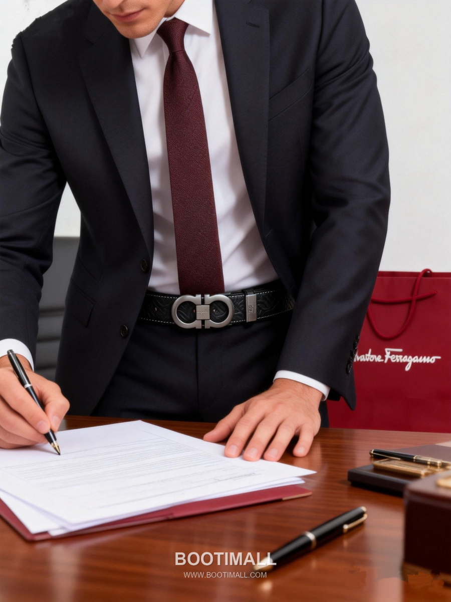 [품절]Salvatore Ferragamo Double Gancini Reversible Embossed Calfskin Belt 살바토레 페라가모 더블 간치니 리버서블 엠보 카프스킨 벨트 3.5cm 1