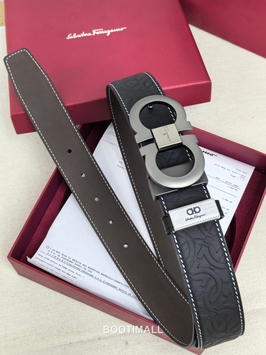 [품절]Salvatore Ferragamo Double Gancini Reversible Embossed Calfskin Belt 살바토레 페라가모 더블 간치니 리버서블 엠보 카프스킨 벨트 3.5cm 3