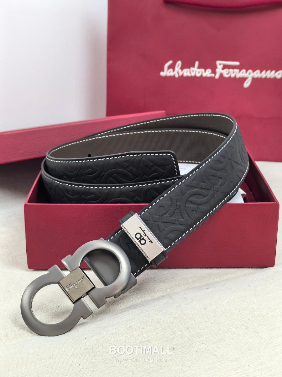 [품절]Salvatore Ferragamo Double Gancini Reversible Embossed Calfskin Belt 살바토레 페라가모 더블 간치니 리버서블 엠보 카프스킨 벨트 3.5cm 4