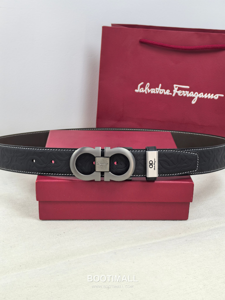 [품절]Salvatore Ferragamo Double Gancini Reversible Embossed Calfskin Belt 살바토레 페라가모 더블 간치니 리버서블 엠보 카프스킨 벨트 3.5cm 5