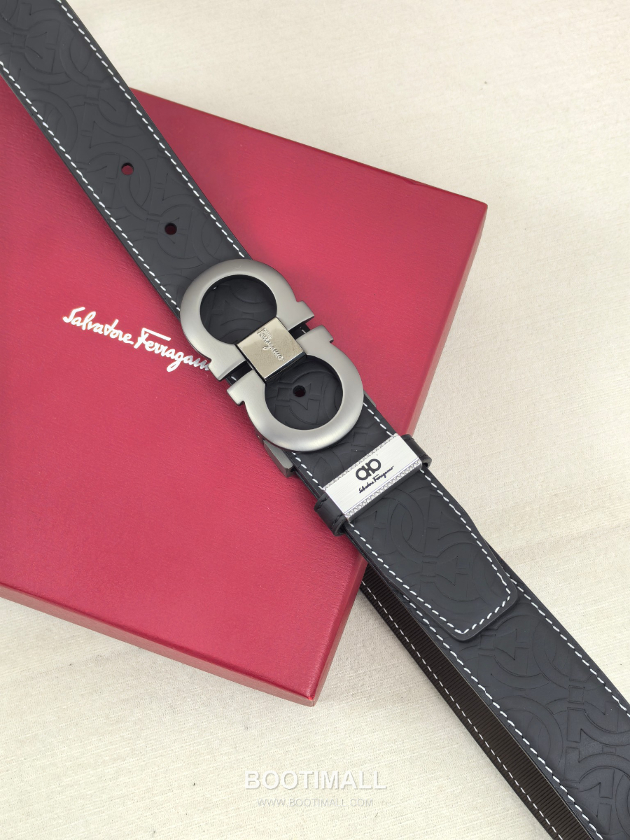 [품절]Salvatore Ferragamo Double Gancini Reversible Embossed Calfskin Belt 살바토레 페라가모 더블 간치니 리버서블 엠보 카프스킨 벨트 3.5cm 6