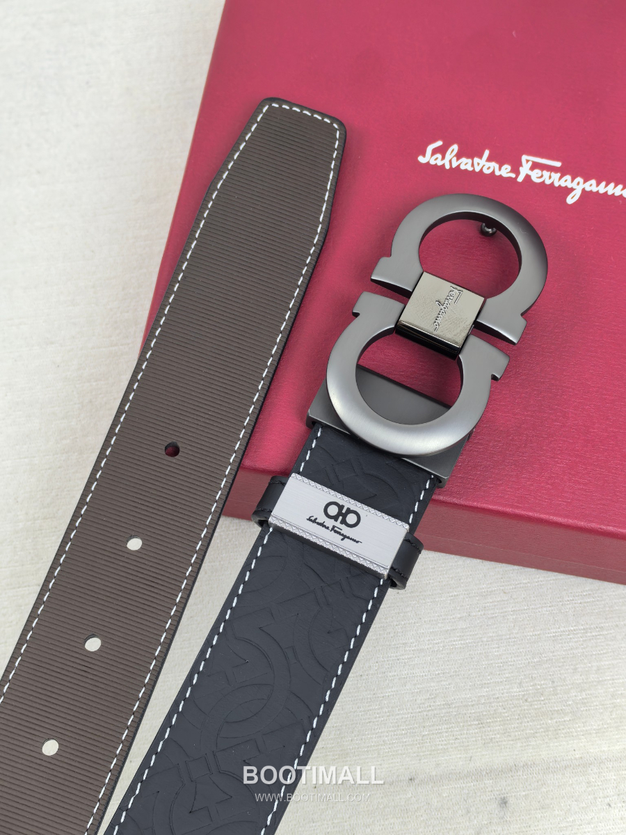 [품절]Salvatore Ferragamo Double Gancini Reversible Embossed Calfskin Belt 살바토레 페라가모 더블 간치니 리버서블 엠보 카프스킨 벨트 3.5cm 7