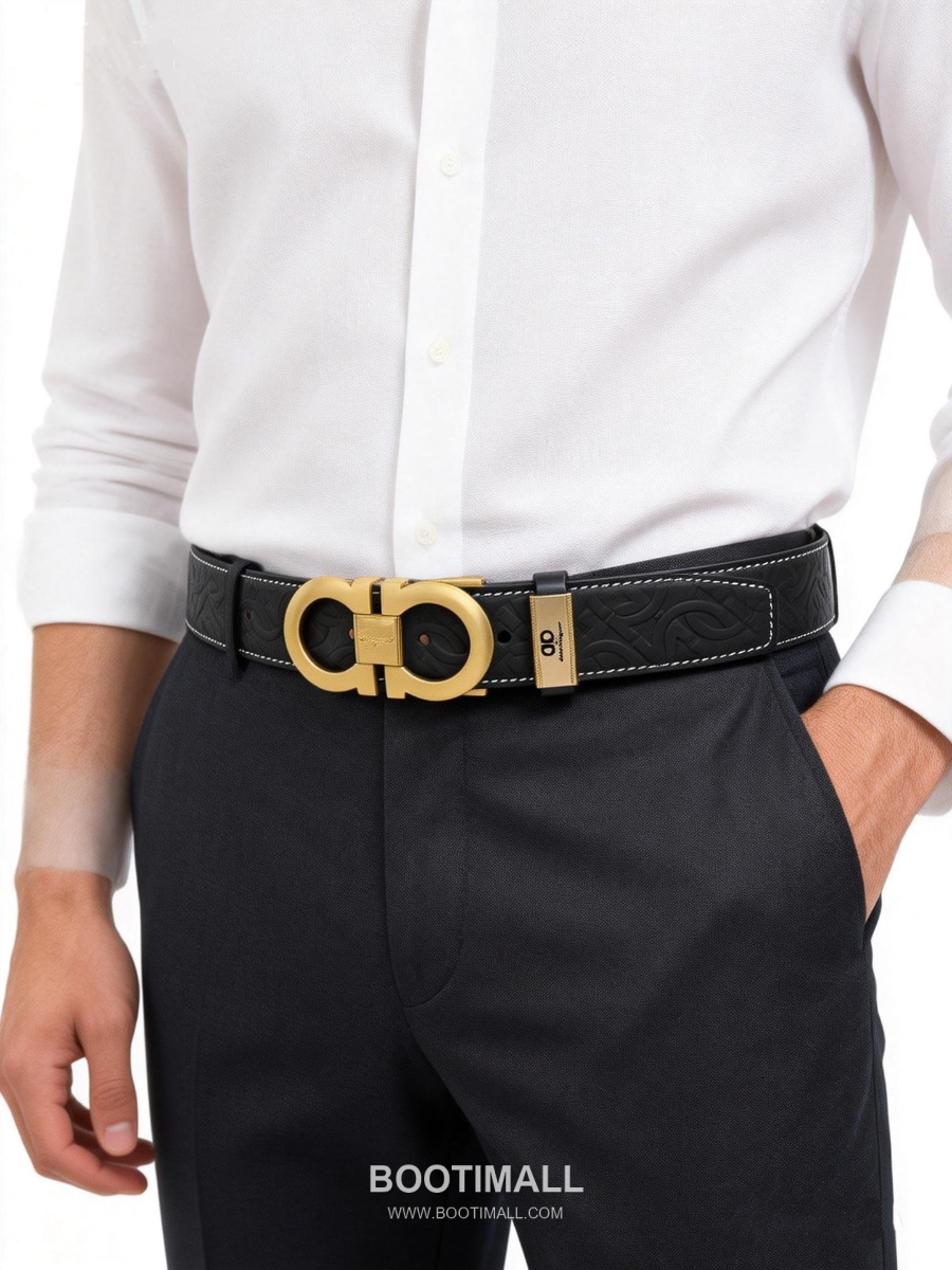Salvatore Ferragamo Double Gancini Reversible Embossed Calfskin Belt 살바토레 페라가모 더블 간치니 리버서블 엠보 카프스킨 벨트 금장 3.5cm 1