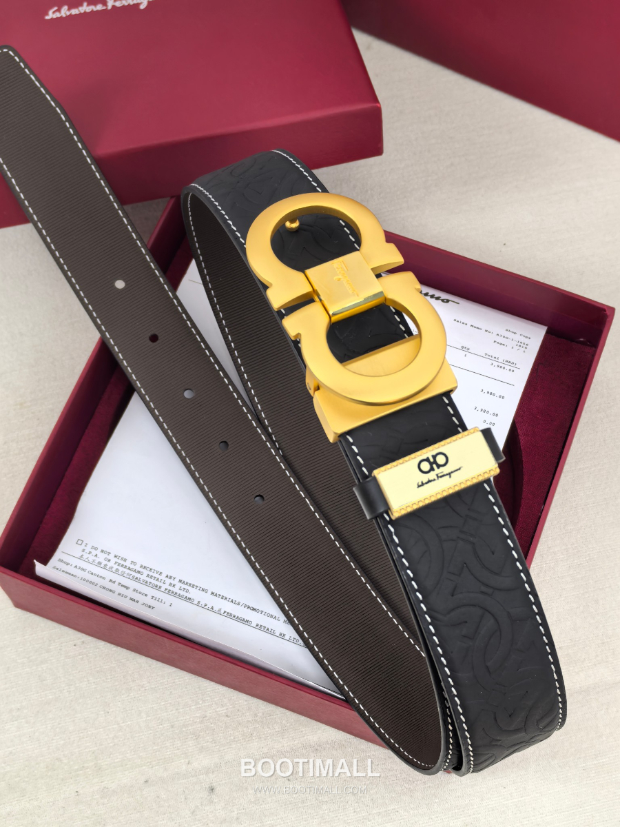 Salvatore Ferragamo Double Gancini Reversible Embossed Calfskin Belt 살바토레 페라가모 더블 간치니 리버서블 엠보 카프스킨 벨트 금장 3.5cm 3