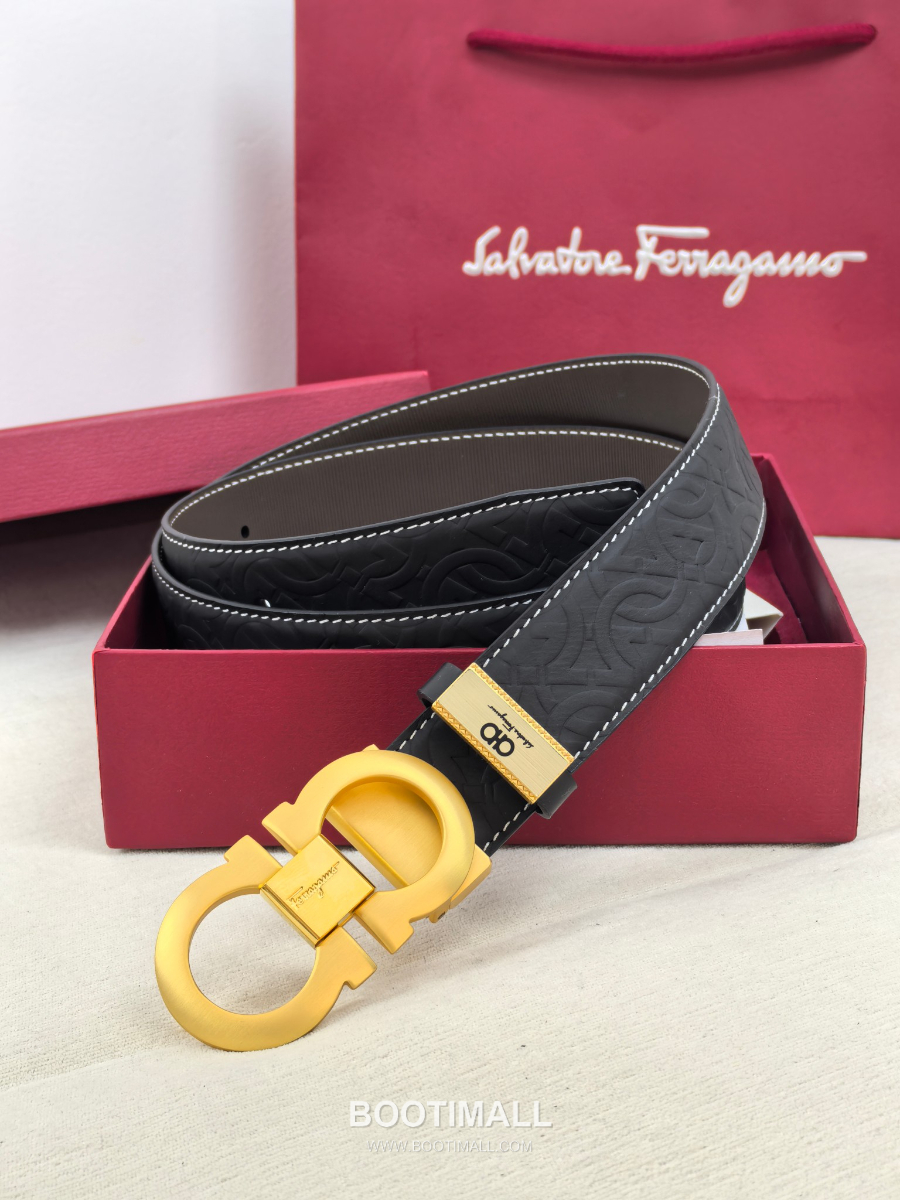 Salvatore Ferragamo Double Gancini Reversible Embossed Calfskin Belt 살바토레 페라가모 더블 간치니 리버서블 엠보 카프스킨 벨트 금장 3.5cm 4