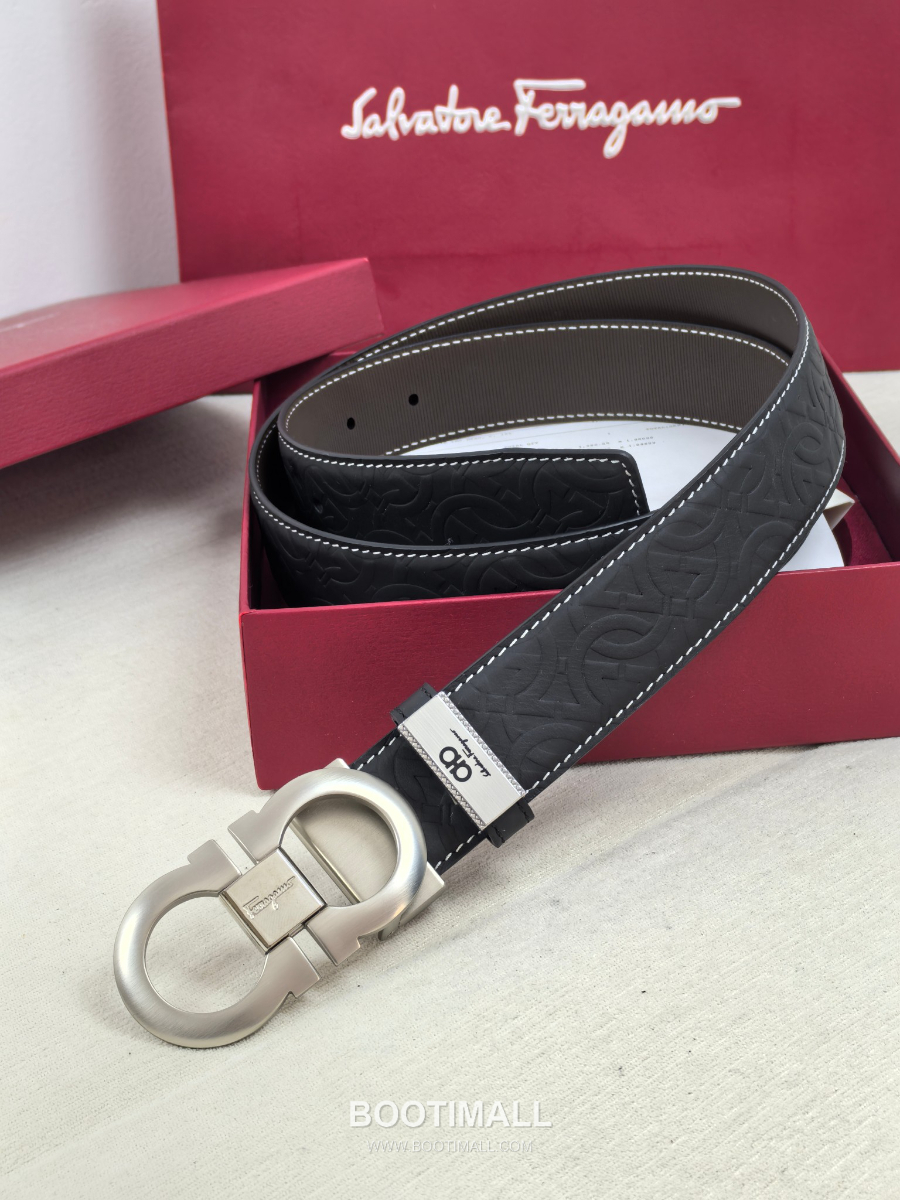 Salvatore Ferragamo Double Gancini Reversible Embossed Calfskin Belt 살바토레 페라가모 더블 간치니 리버서블 엠보 카프스킨 벨트 블랙/브라운 은장 3.5cm 3