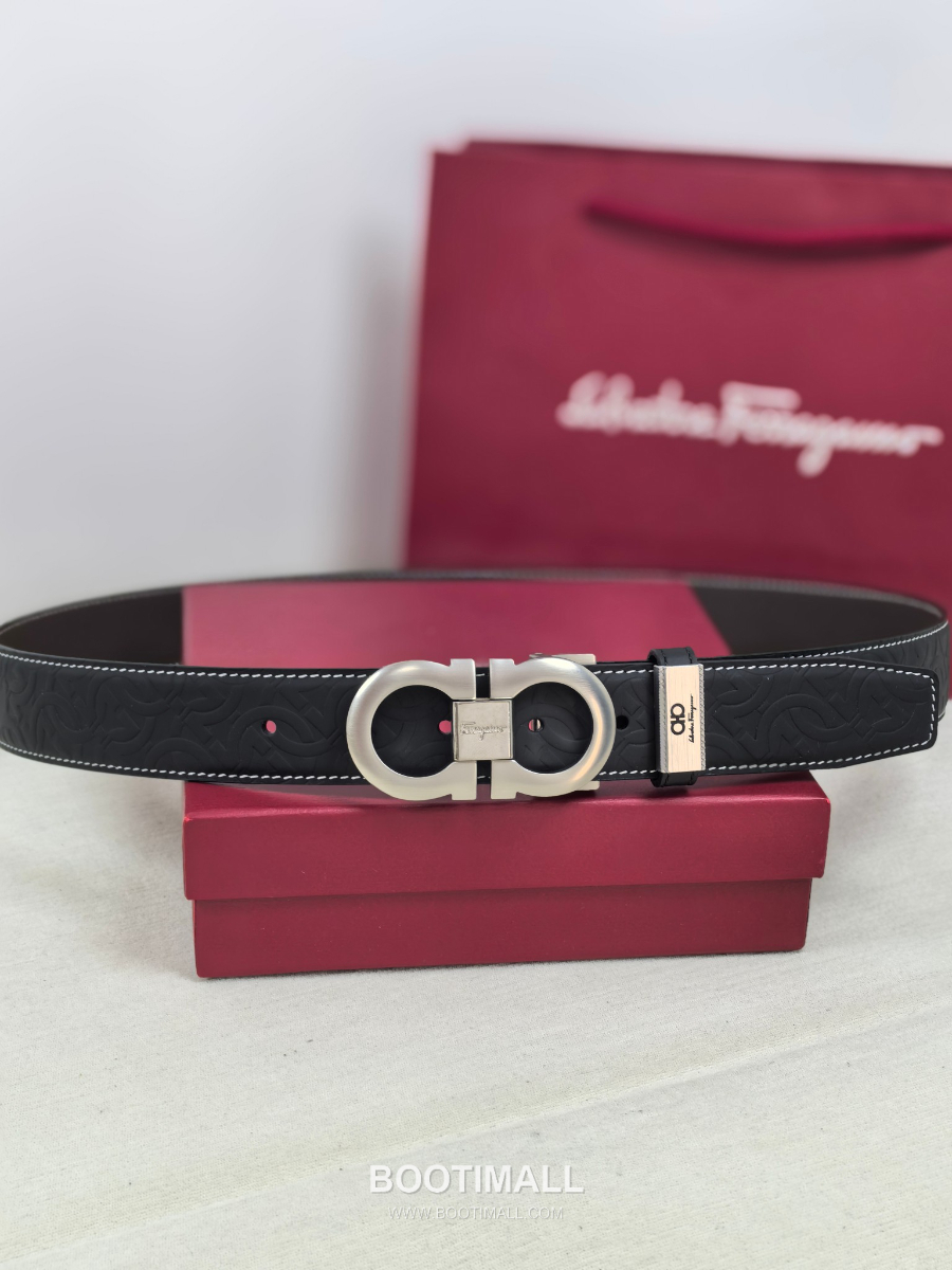 Salvatore Ferragamo Double Gancini Reversible Embossed Calfskin Belt 살바토레 페라가모 더블 간치니 리버서블 엠보 카프스킨 벨트 블랙/브라운 은장 3.5cm 4