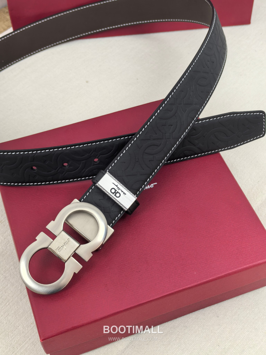 Salvatore Ferragamo Double Gancini Reversible Embossed Calfskin Belt 살바토레 페라가모 더블 간치니 리버서블 엠보 카프스킨 벨트 블랙/브라운 은장 3.5cm 5