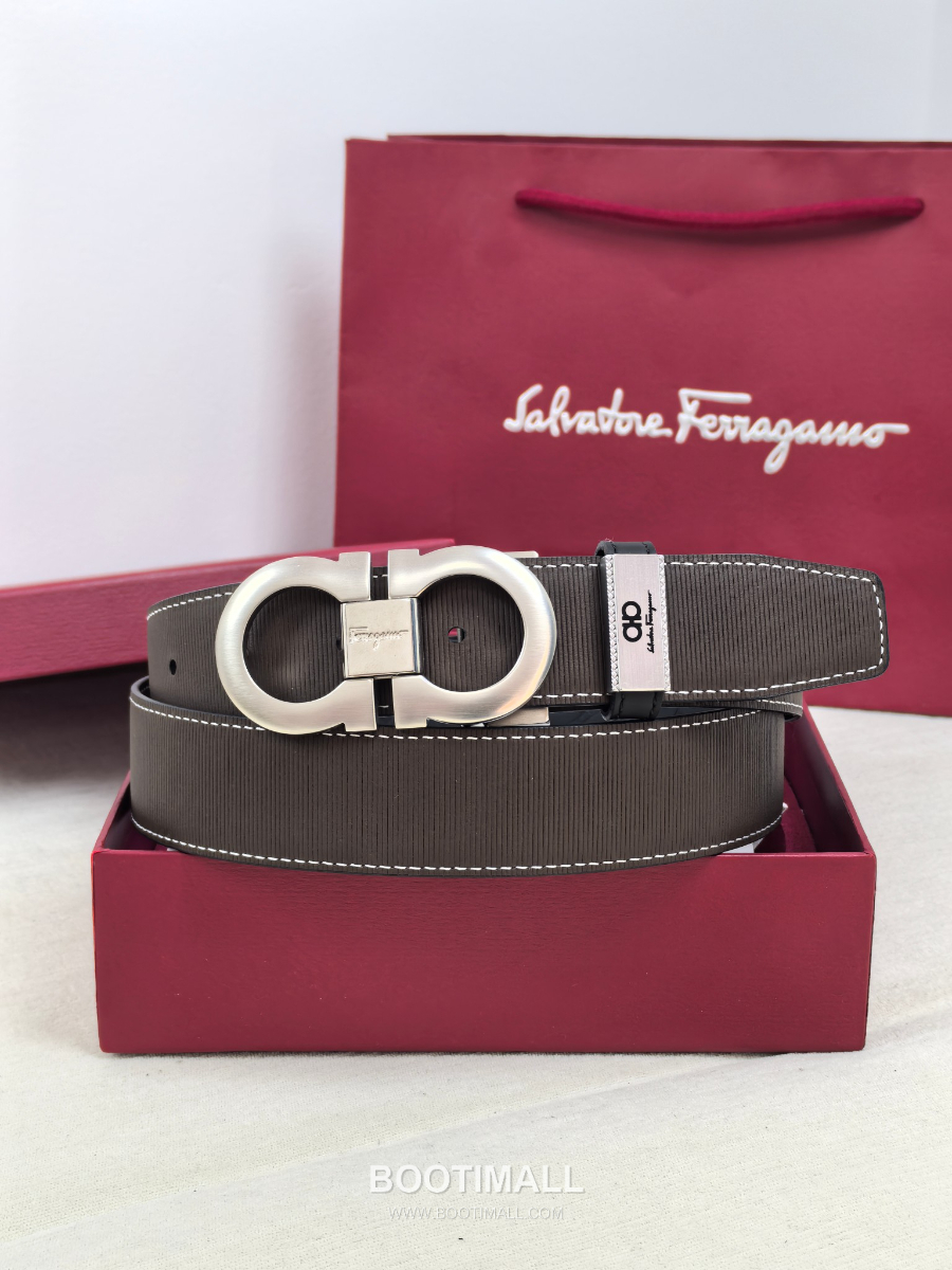 Salvatore Ferragamo Double Gancini Reversible Embossed Calfskin Belt 살바토레 페라가모 더블 간치니 리버서블 엠보 카프스킨 벨트 블랙/브라운 은장 3.5cm 6