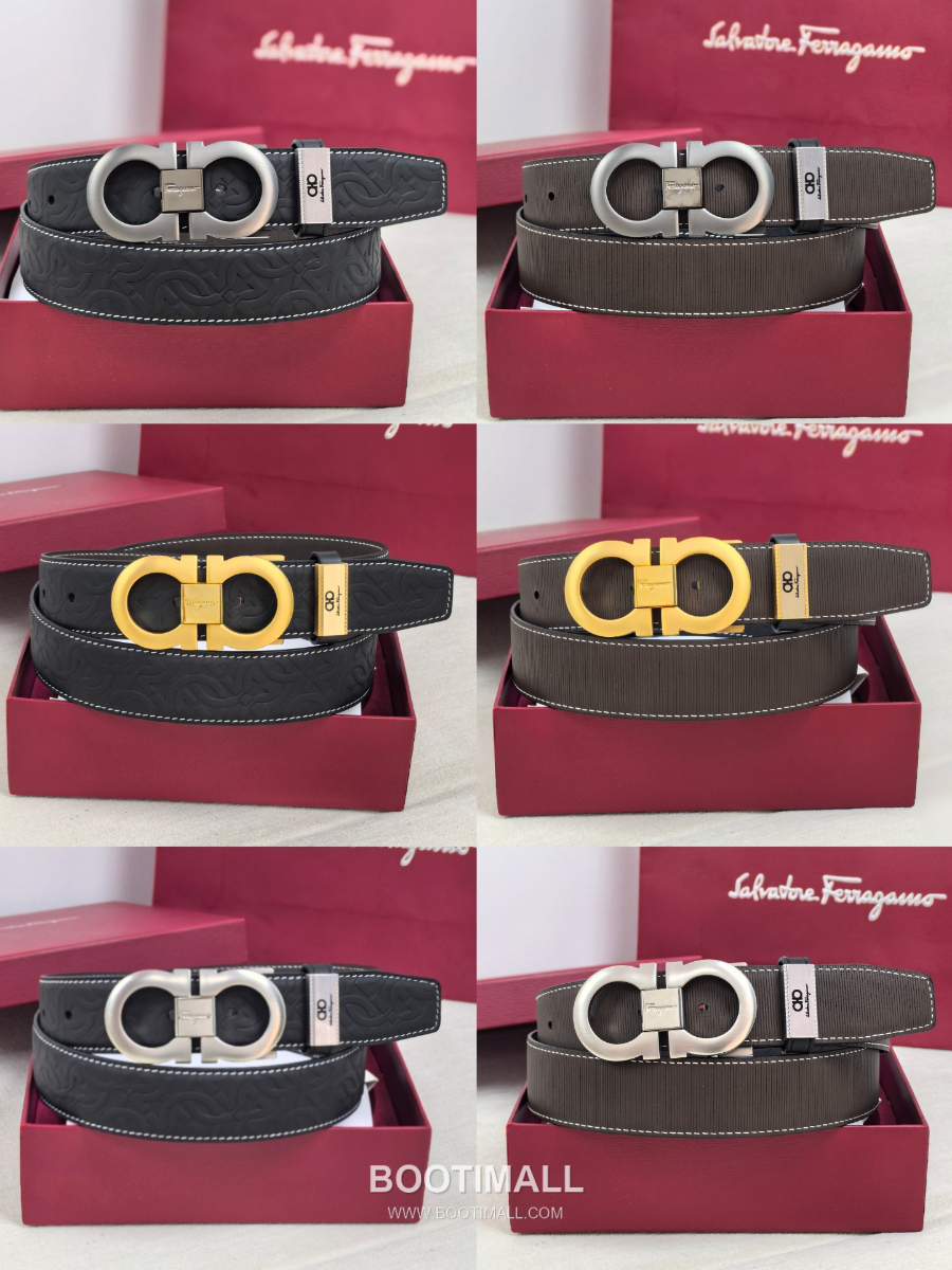 Salvatore Ferragamo Double Gancini Reversible Embossed Calfskin Belt 살바토레 페라가모 더블 간치니 리버서블 엠보 카프스킨 벨트 블랙/브라운 은장 3.5cm 7