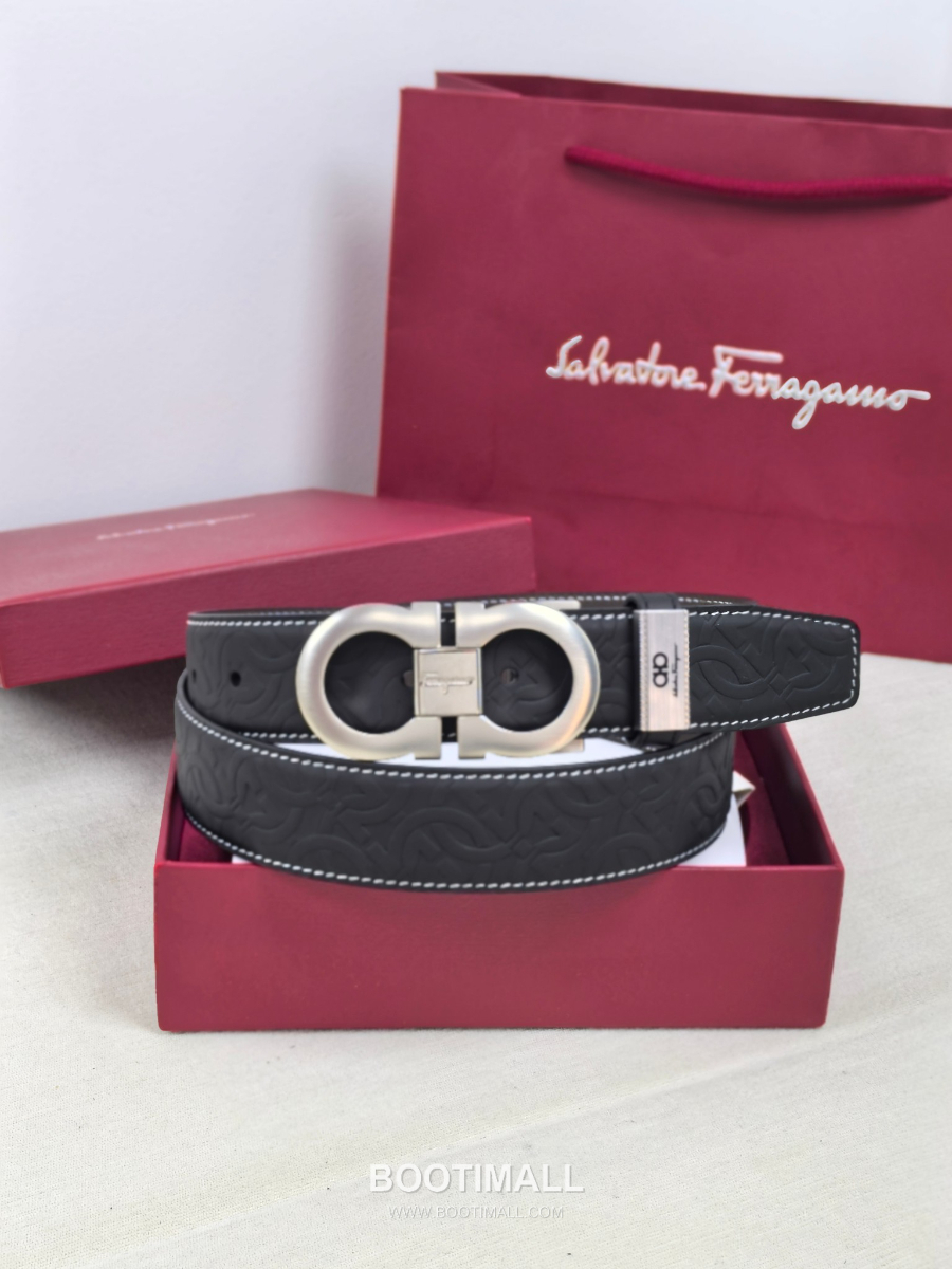 Salvatore Ferragamo Double Gancini Reversible Embossed Calfskin Belt 살바토레 페라가모 더블 간치니 리버서블 엠보 카프스킨 벨트 블랙/브라운 은장 3.5cm 8