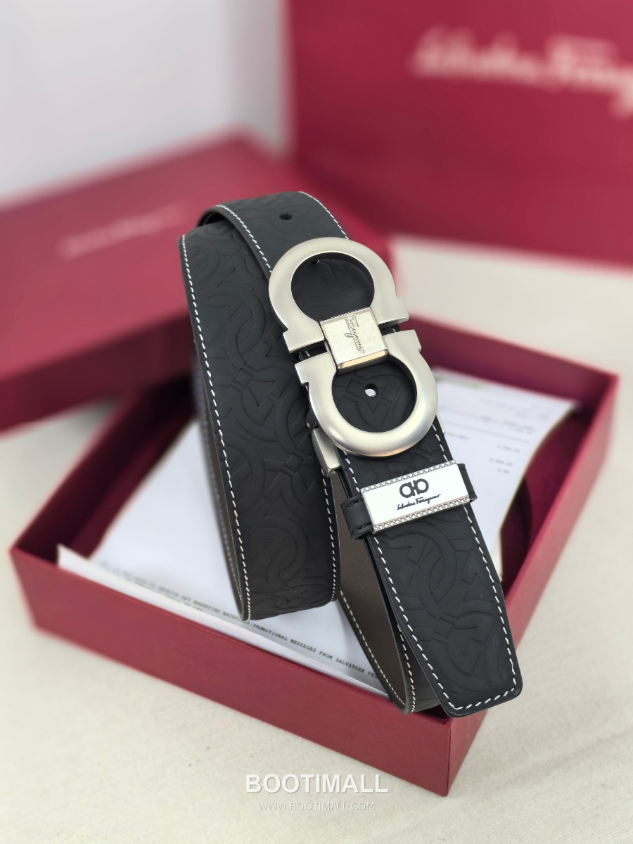 Salvatore Ferragamo Double Gancini Reversible Embossed Calfskin Belt 살바토레 페라가모 더블 간치니 리버서블 엠보 카프스킨 벨트 블랙/브라운 은장 3.5cm 9