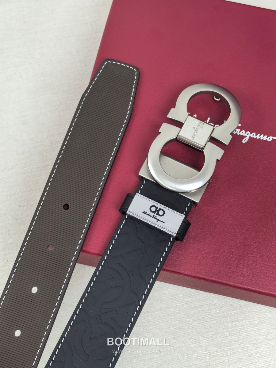 Salvatore Ferragamo Double Gancini Reversible Embossed Calfskin Belt 살바토레 페라가모 더블 간치니 리버서블 엠보 카프스킨 벨트 블랙/브라운 은장 3.5cm 10