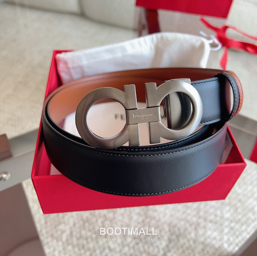 Salvatore Ferragamo Double Gancini Reversible Embossed Calfskin Belt 살바토레 페라가모 더블 간치니 리버서블 엠보 카프스킨 벨트 블랙/오크브라운 은장 3.5cm 2