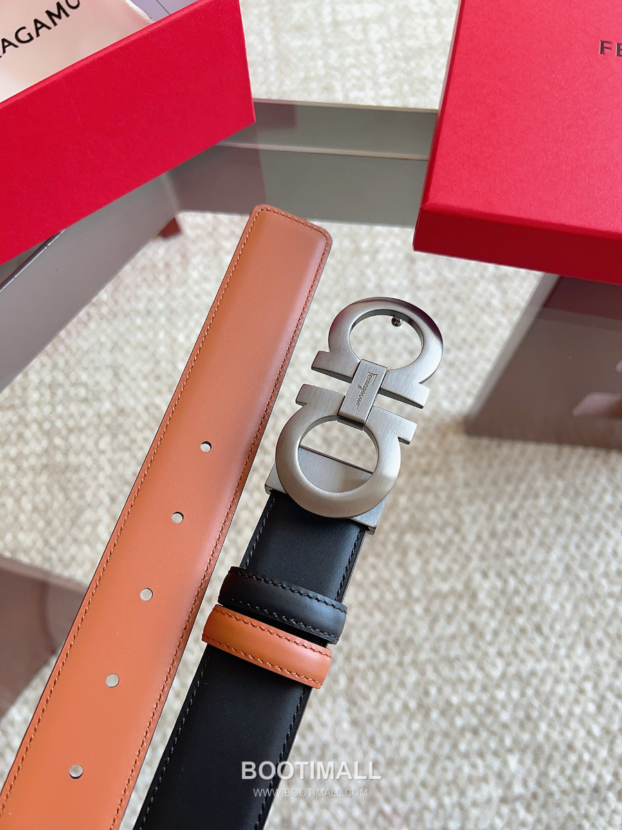 Salvatore Ferragamo Double Gancini Reversible Embossed Calfskin Belt 살바토레 페라가모 더블 간치니 리버서블 엠보 카프스킨 벨트 블랙/오크브라운 은장 3.5cm 4