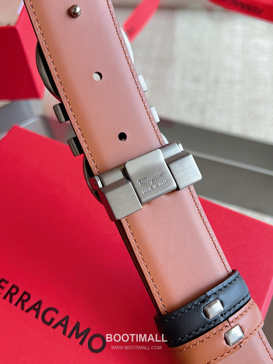 Salvatore Ferragamo Double Gancini Reversible Embossed Calfskin Belt 살바토레 페라가모 더블 간치니 리버서블 엠보 카프스킨 벨트 블랙/오크브라운 은장 3.5cm 6
