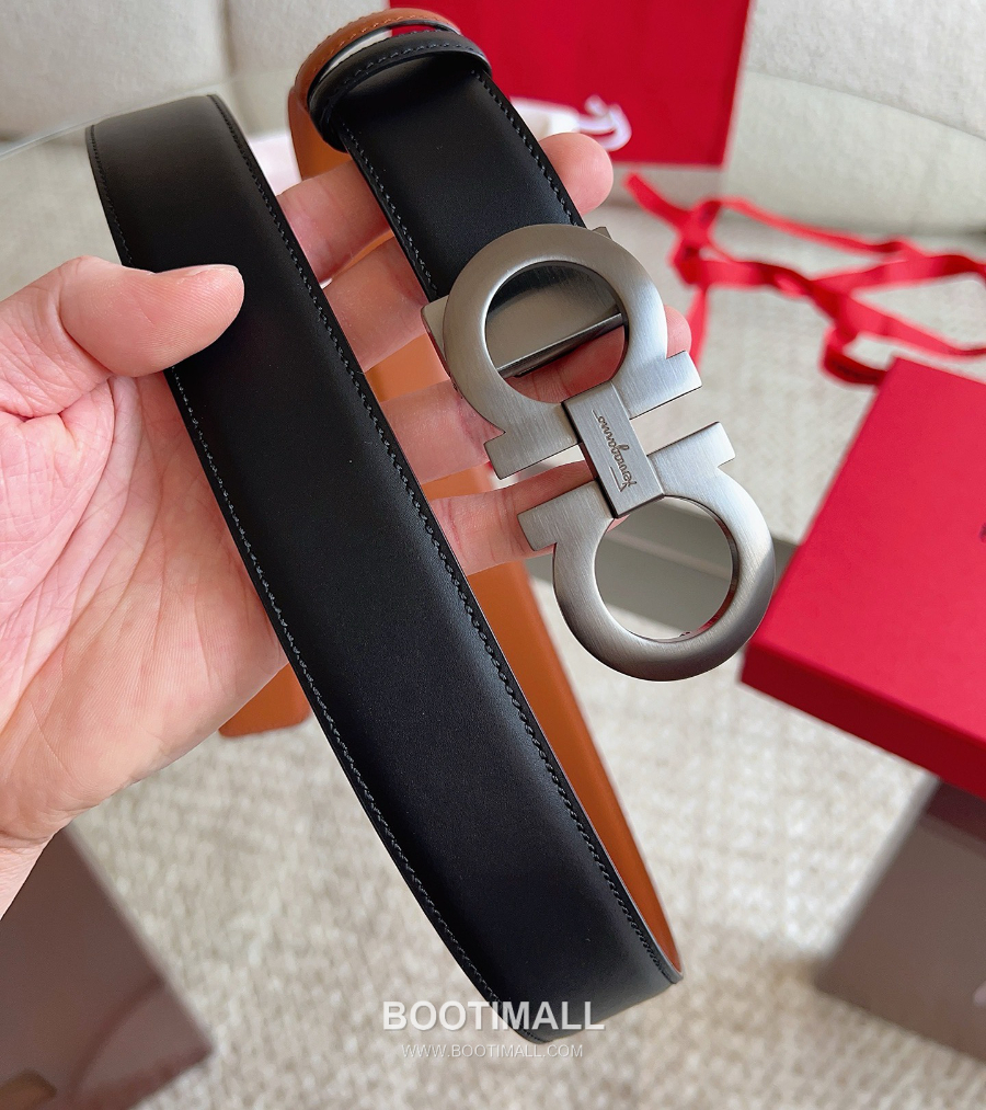 Salvatore Ferragamo Double Gancini Reversible Embossed Calfskin Belt 살바토레 페라가모 더블 간치니 리버서블 엠보 카프스킨 벨트 블랙/오크브라운 은장 3.5cm 7