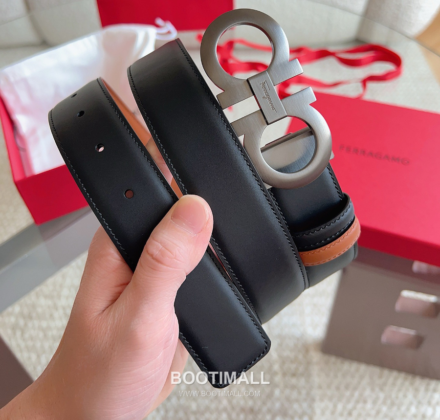 Salvatore Ferragamo Double Gancini Reversible Embossed Calfskin Belt 살바토레 페라가모 더블 간치니 리버서블 엠보 카프스킨 벨트 블랙/오크브라운 은장 3.5cm 8