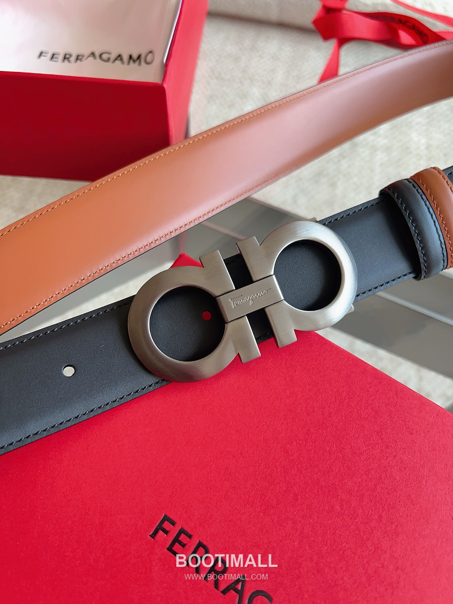 Salvatore Ferragamo Double Gancini Reversible Embossed Calfskin Belt 살바토레 페라가모 더블 간치니 리버서블 엠보 카프스킨 벨트 블랙/오크브라운 은장 3.5cm 9