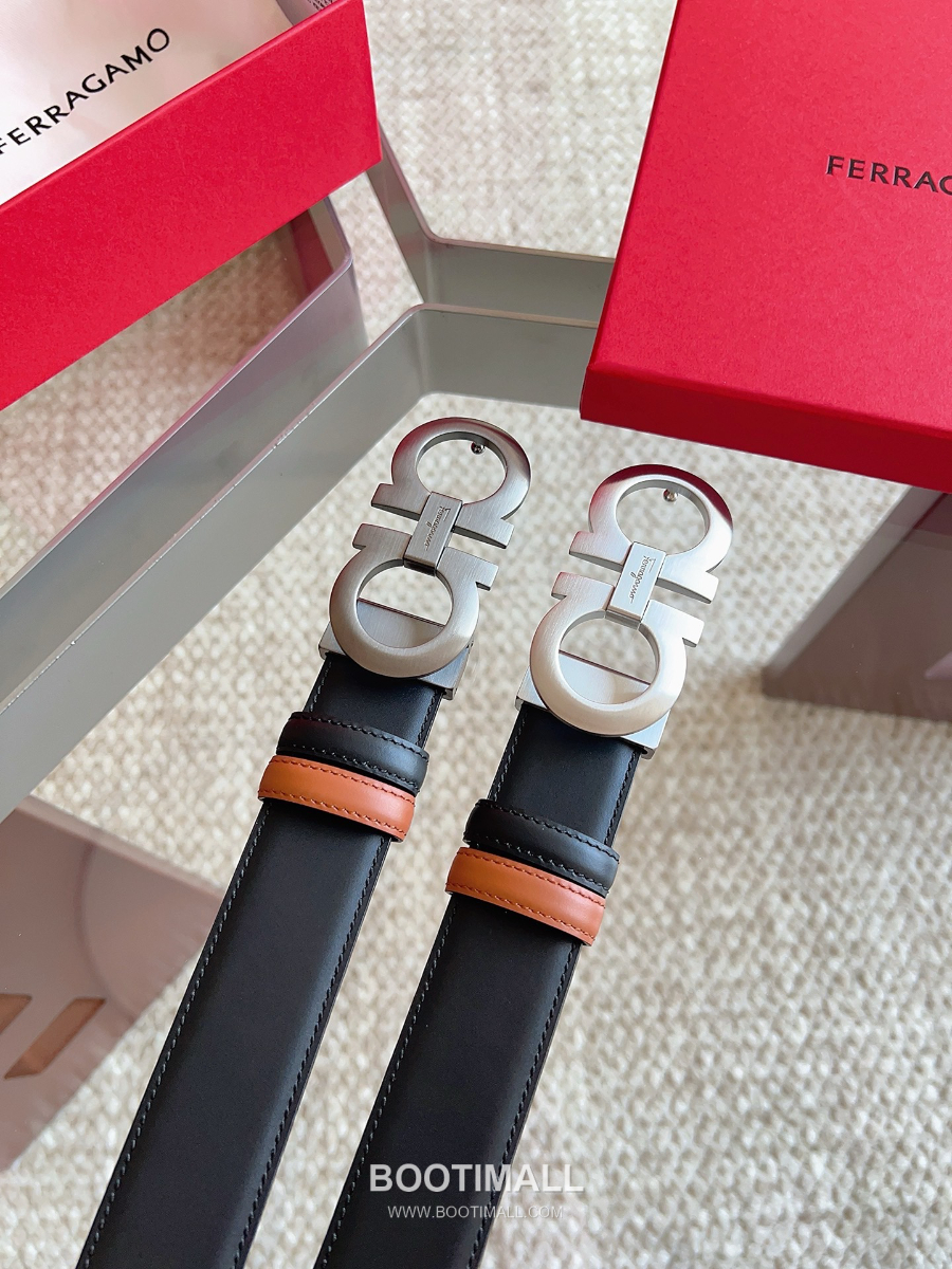 Salvatore Ferragamo Double Gancini Reversible Embossed Calfskin Belt 살바토레 페라가모 더블 간치니 리버서블 엠보 카프스킨 벨트 블랙/오크브라운 은장 3.5cm 10