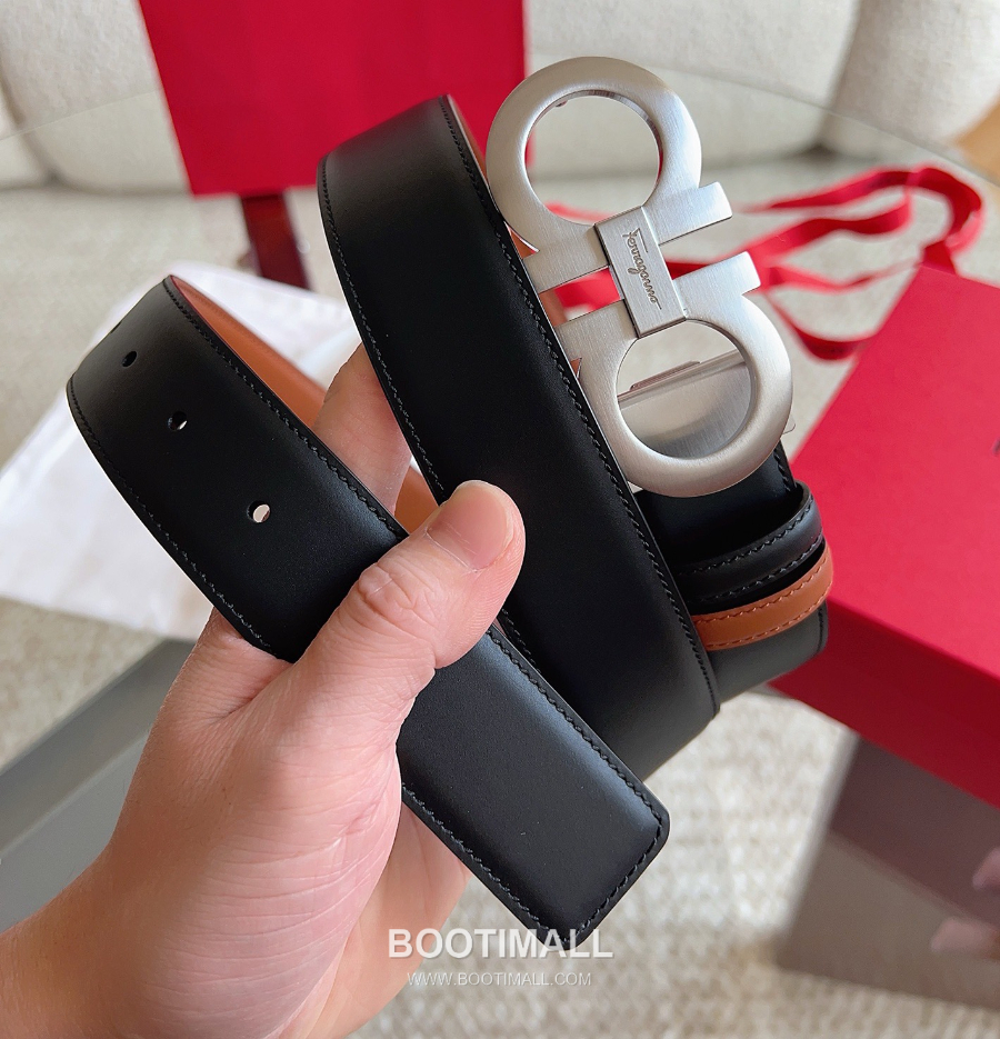 Salvatore Ferragamo Double Gancini Reversible Embossed Calfskin Belt 살바토레 페라가모 더블 간치니 리버서블 엠보 카프스킨 벨트 블랙/오크브라운 아이스은장 3.5cm 2