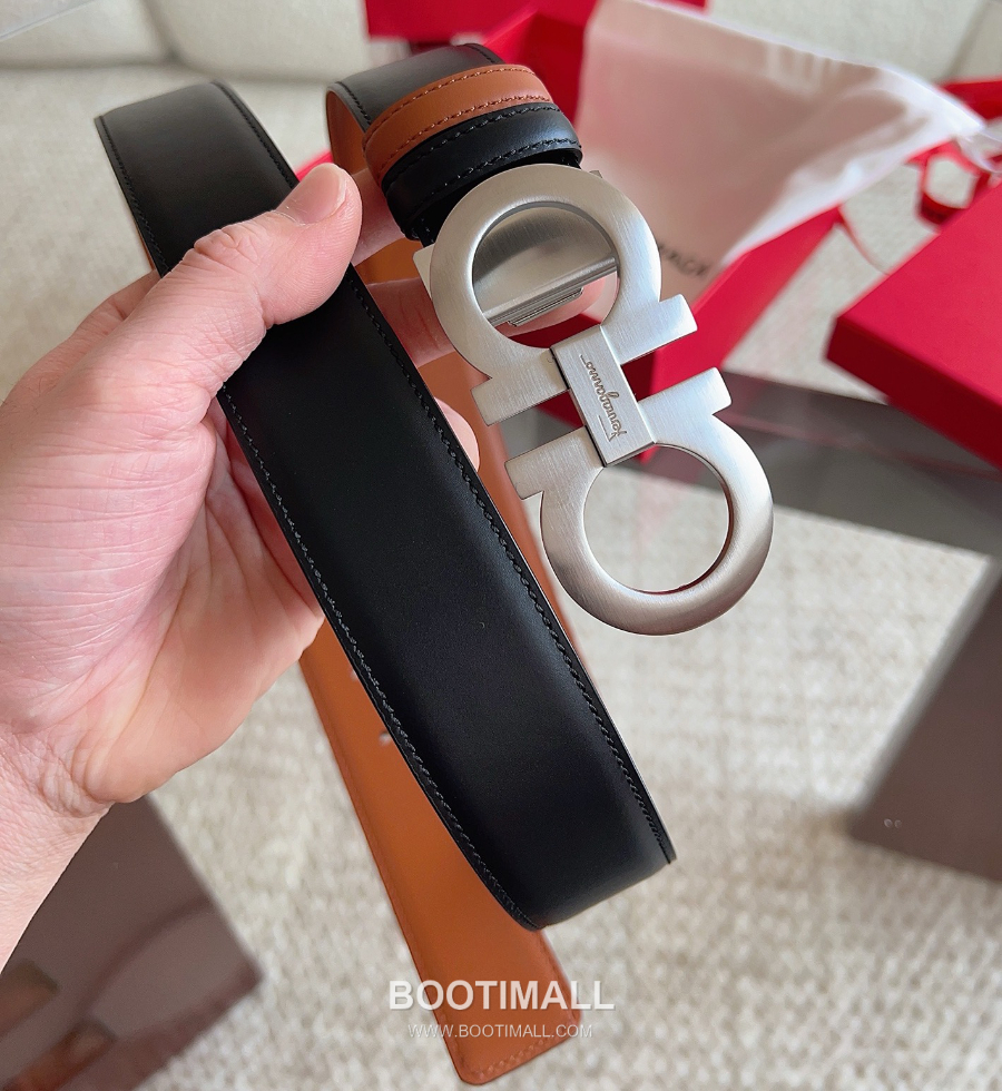 Salvatore Ferragamo Double Gancini Reversible Embossed Calfskin Belt 살바토레 페라가모 더블 간치니 리버서블 엠보 카프스킨 벨트 블랙/오크브라운 아이스은장 3.5cm 3