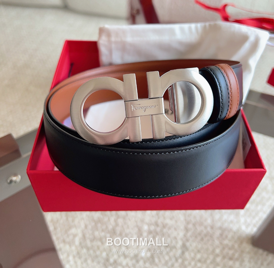 Salvatore Ferragamo Double Gancini Reversible Embossed Calfskin Belt 살바토레 페라가모 더블 간치니 리버서블 엠보 카프스킨 벨트 블랙/오크브라운 아이스은장 3.5cm 5